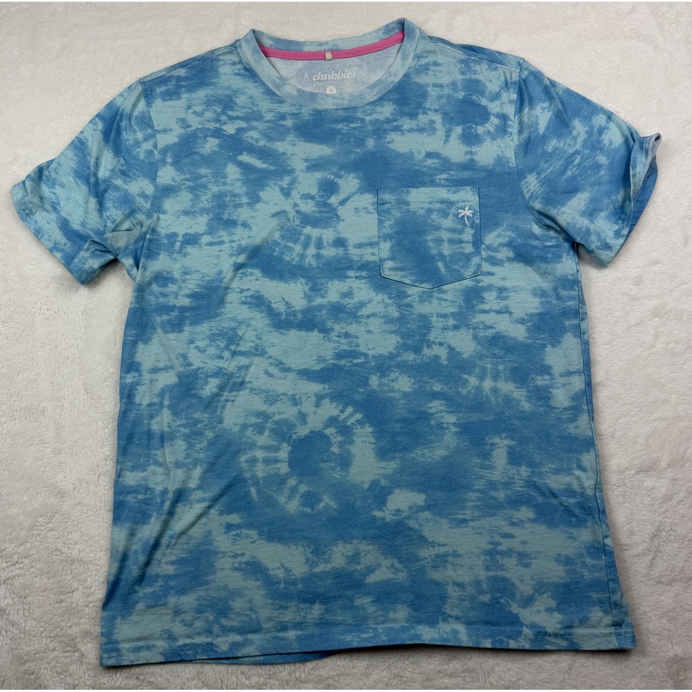 Chubbies Mens Blue Tie Dye Pocket T-Shirt Medium Palm Tree Logo Cotton Blend